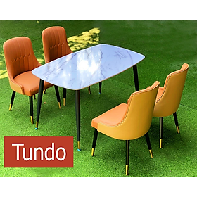 Bộ bàn ghế phòng ăn Tundo 4 ghế màu cam chân bọc đồng cao cấp
