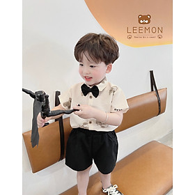 Đồ bộ bé trai cộc tay 1-7 tuổi áo sơ mi in gấu kèm nơ, Bộ sành điệu cho bé hàng thiết kế cao cấp kiêu dáng thời trang