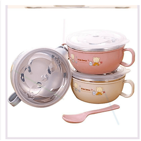 Mua Bát ăn dặm giữ nhiệt 2 lớp ruột inox kèm thìa và nắp đậy có 2 tai cầm cho bé