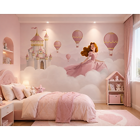  (HCM) Tranh dán tường 3d công chúa và lâu đài hồng trang trí phòng bé gái (có in theo yêu cầu)