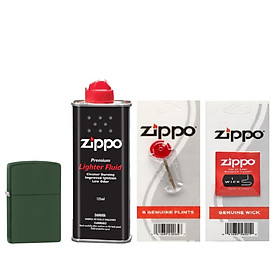 Bộ 4 Sản Phẩm: Bật Lửa Zippo Classic Matte Green 221+Xăng+Đá+Bấc