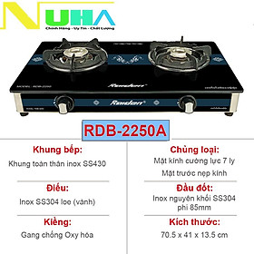 Bếp ga đôi kiếng cường lực Raiden RDB2250A, kiềng gang chống oxj hóa, kính 7ly, Hàng chính hãng