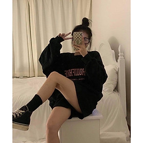 set đồ nữ, bộ quần áo nữ thu đông áo dài tay, quần short 2 màu nâu, đen in chữ phong cách cá tính