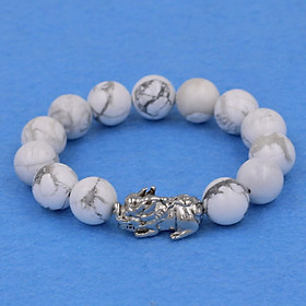 Vòng tay đá White Howlite 12 ly - cẩn Tỳ Hưu inox bạc VWHLTHT12 - hợp mệnh Kim, mệnh Thủy