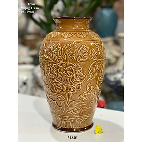 Mua Bình cắm hoa men hoàng thổ  hoạ tiết khắc nổi thủ công. Gốm sứ Bát Tràng.
