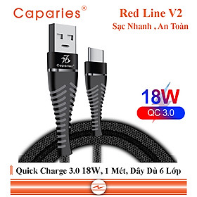 Cáp Sạc CAPARIES V2 Quick Charge 3.0 18W ,Siêu Bền 1 Mét - Dây dù 6 Lớp, Đúc Nguyên Khối, Sạc Nhanh 3.0 cáp sạc nhanh, siêu bền chống rối chống đứt, nâng cấp chip đôi, tương thích các dòng - CHÍNH HÃNG CAPARIES