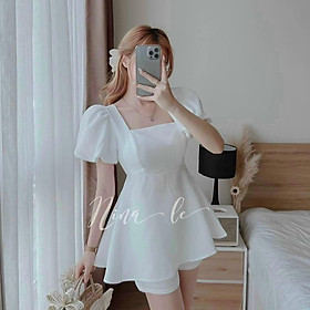 Set bộ áo tay phồng cổ vuông hở lưng ( có mút ngực ) kèm quần short thanh lịch thời trang nữ