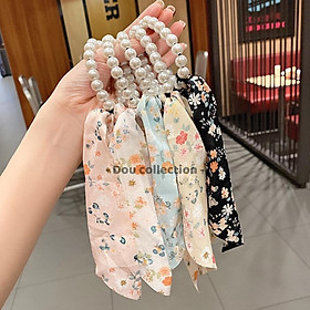 Cột Tóc Turban Chuỗi Phối Nơ Ruy Băng Họa Tiết Hoa Nhí Phong Cách Hàn Quốc - Mã DT006