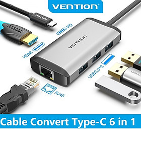 HUB chuyển đổi USB type-C 6 in 1 Vention sang HDMI, USB 3.0*3, Lan, PD(87) dài 15cm - Hàng chính hãng