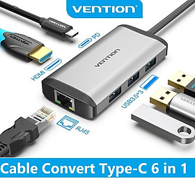Mua HUB chuyển đổi USB type-C 6 in 1 Vention sang HDMI  USB 3.0*3  Lan  PD(87) dài 15cm - Hàng chính hãng