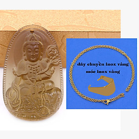 Mặt Phật Phổ hiền đá obsidian ( thạch anh khói ) 5 cm kèm dây chuyền inox vàng - mặt dây chuyền size lớn - size L, Mặt Phật bản mệnh