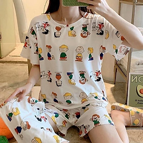 Combo bộ cotton nữ quần đùi bộ rời quần áo họa tiết xinh xắn kèm túi vải mềm thoáng P05 hình cậu bé