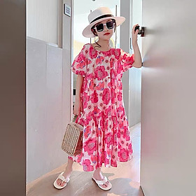 Váy hè bé gái cộc tay 1-10 tuổi in hoa đỏ tràn váy, Đầm suông cho bé hàng thiết kế vải thô nhẹ thoáng mát