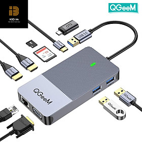 Hub mở rộng USB 3.0 QGeeM đa năng 9 trong 1 cho Macbook Pro, xuất hình ảnh ra ba mà-n hình từ USB Type C sang HDMI*2, VGA*1-Hàng chính hãng
