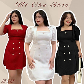 Đầm xoè cổ vuông đính nút tay ngắn