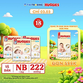 Combo 3 gói Tã/bỉm dán sơ sinh Huggies Skin Perfect NB 70+4 miếng với 2 vùng thấm giảm kích ứng da