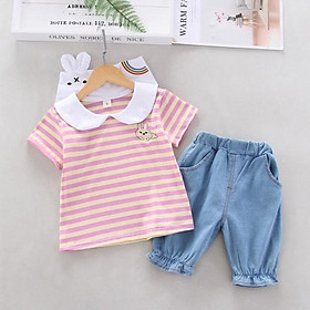 Set bé gái mặc nhà hoặc đi chơi gồm áo kẻ sọc và quần denim, bộ quần áo bé gái từ 8-16kg Easy Baby (MKS-112505)