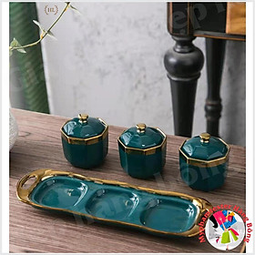 3 Hũ đựng gia vị chất liệu sứ kẻ viền vàng kèm thìa Inox có khay hứng dáng lục giác 2022 | GIA VỊ SỨ LỤC NĂNG XANH TRẮNG