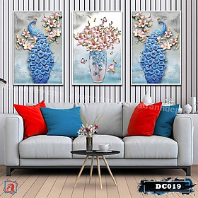 Bộ 3 tranh canvas treo tường decor chim công và bình hoa - DC019