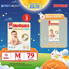 Tã/bỉm dán sơ sinh Huggies Skin Perfect M 76+3 miếng với 2 vùng thấm giảm kích ứng da