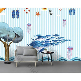 Tranh dán tường 3d trang trí phòng em bé phòng ngủ hiện đại, Đàn cá heo vui đùa sóng nước (tích hợp sẵn keo) MS995072
