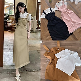 ĐẦM YẾM 2 DÂY DÀI MIDI KAKI VÁY CHỮ A XẺ SAU SUÔNG TRƠN + ÁO THUN CỔ SƠ MI ĐI TIỆC ĐI CHƠI ĐI BIỂN DẠO PHỐ CÔNG SỞ