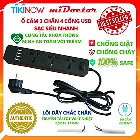 Ổ Cắm Điện Đa Năng Có 4 Cổng USB Sạc Điện Thoại Tối Đa 12W và Ổ Điện Chịu Tải 2500W Dây Nối Dài 2M Chọn Màu Chính Hãng miDoctor