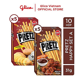 Bánh snack que mặn nướng giòn Glico Pretz Happy Set A combo 10 hộp 5 BBQ