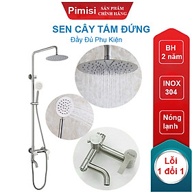 Bộ vòi hoa sen cây tắm đứng nóng lạnh inox 304 kiểu tròn Pimisi đầy đủ phụ kiện với bát sen to - bát nhỏ cầm tay tăng áp dùng được cho cả nhà tắm nhỏ và thấp | Hàng chính hãng