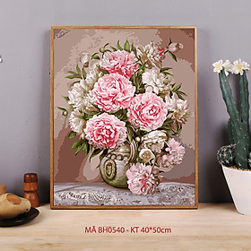 Tranh sơn dầu số hóa tô màu theo số BH0540 Tranh lọ hoa mẫu đơn cổ điển