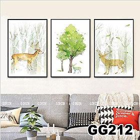 Tranh treo tường canvas khung gỗ 3 bức phong cách hiện đại Bắc Âu tranh hươu trang trí phòng khách phòng ngủ spa 64