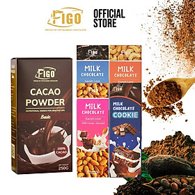 Combo Bột cacao nguyên chất không đường 250g+ Socola sữa 20gram 4 hộp mix nhiều vị FIGO, đồ ăn vặt ngon văn phòng