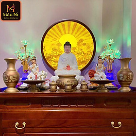 Mua Tranh trúc chỉ in MÂU NI  Sen hội tụ tỏa  đk 80cm  (thích hợp đặt tượng thờ cao 55cm đến 75cm) (bàn thờ  tủ thờ)