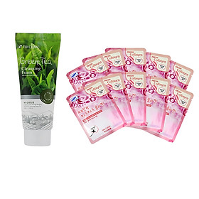 Combo Sữa rửa mặt chiết xuất từ trà xanh 3W CLINIC GREEN TEA CLEANSING FOAM và bộ 10 Gói Mặt Nạ Tái Tạo Da Từ Collagen 3w Clinic Fresh Collagen Mask Sheet
