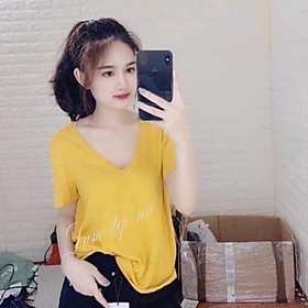 Áo Thun Trơn Nữ Cổ  Tm Tay Ngắn Cổ Điển Form Vừa - Áo Thun Nữ Cổ Chữ V  Basic 100% Cotton Thoáng Mát, Thấm Hút Mồ Hôi, Mềm Mát  Giá Rẻ Nhiều Màu Free Size