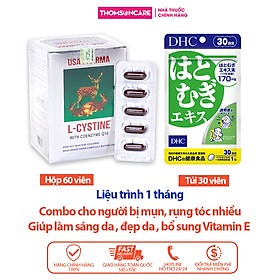 Combo viên uống sáng da tóc chắc khỏe LCystine 60v và DHC Adlay 30v duy trì làn da mềm mại , bổ sung dưỡng chất da và tóc , hạn chế lão hóa da chiết suất từ hạt y dĩ và l cystine- Thomsoncare