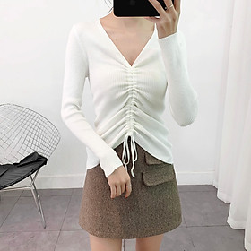 Áo len nữ trơn dài tay, cổ V dây rút croptop cách điệu xinh xắn Al35