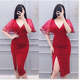 Đầm body dự tiệc xẻ tà tay phối ren cực sang chảnh quyến rũ/ có 3 màu