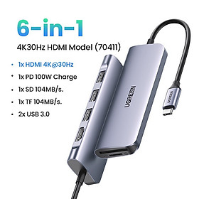 Bộ chuyển đổi USB Type C sang HDMI, USB 3.0, đọc thẻ SD/TF, hỗ trợ sạc PD Ugreen 70411 hàng chính hãng