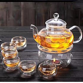 Bộ ấm ấm thủy tinh pha trà kèm đế châm nến