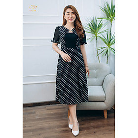 Đầm Form A thiết kế trung niên cao cấp sang trọng Cổ tròn tay lỡ màu Đen chấm bi trắng TTV STORE TTV1366