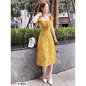 Đầm nữ in hoa nhí cài nút cánh tiền xếp bèo  Chât voan lụa cao cấp