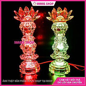 Mua Bộ 2 Cây Đèn Hoa Sen Pha Lê Nguyên Khối Cao 30cm Để Bàn Thờ Phật 2 Tầng LED Tự Đổi Màu Cao Cấp