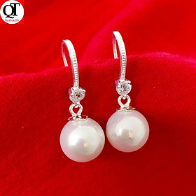 Bông tai bạc nữ ngọc nhân tạo màu trắng size10ly giáng dài 100% chất liệu bạc thật Bạc Quang Thản - QTBT20(TRẮNG)