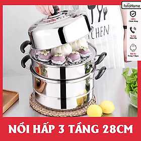 Nồi Hấp Inox 3 Tầng Siêu To Nồi Hấp Bánh Bao Bánh Flan Hấp Thức Ăn 28CM Dùng Cho Cả Bếp Từ Và Bếp Ga Tặng Kèm Xửng Hấp