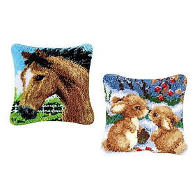 2 Sets Latch Hook Kits for DIY Horse Rabbit Pillow Cover Sofa Cushion Crafts