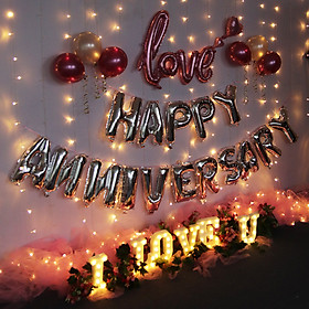 Set trang trí ngày anniversary đầy ngọt ngào, lãng mạn cùng bộ chữ, chữ đèn Led, bóng hình, phụ kiện kèm keo dán YBWD-002