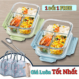 Mua Bộ Hộp Cơm Thủy Tinh 3 Ngăn Cao Cấp - Kèm Túi Xách và Đũa Thìa Cán Gỗ