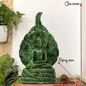 Tượng đá trang trí tượng thần rắn Naga Mucalinda che chở cho Đức Phật Thích Ca - Cao 20cm - Màu xanh lục bích