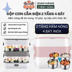 Hộp cơm cắm điện văn phòng 2 tầng 4 khay inox, cặp lồng cơm giữ nhiệt tự nấu chín hâm nóng đồ ăn bảo hành 12 tháng